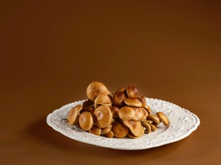 Soft mozzarella pieces sit atop a beautifully arranged plate alongside golden, roasted mushrooms. The setting is warm and inviting, perfect for an elegant dinner