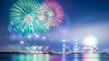 Obraz premium Spectacular fireworks display over city skyline reflected in water at night