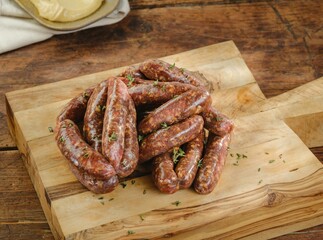 A collection of freshly made sausages lies on a wooden chopping board, showcasing a blend of herbs and spices. The warm, inviting atmosphere of the kitchen highlights the craft of sausage making