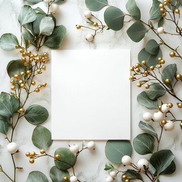 A festive mock-up of a Christmas and New Year greeting card featuring a white blank paper background with holiday decorations