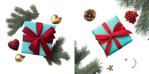 Fototapeta premium Two vibrant turquoise christmas gift boxes with red ribbons surrounded by festive decorations isolated on transparent background