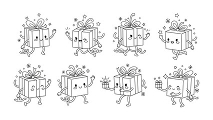 Gift Box Cartoon Collection: A collection of charming gift box cartoons, each box with expressive faces and joyful movements. Ideal for adding a touch of whimsy and delight to any design project.