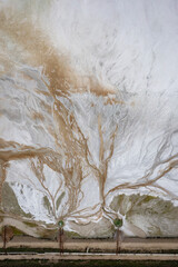 Aerial drone view of tailings pond near a cement factory near to Devnya, Varna, Bulgaria. Industrial scene of environmental impact