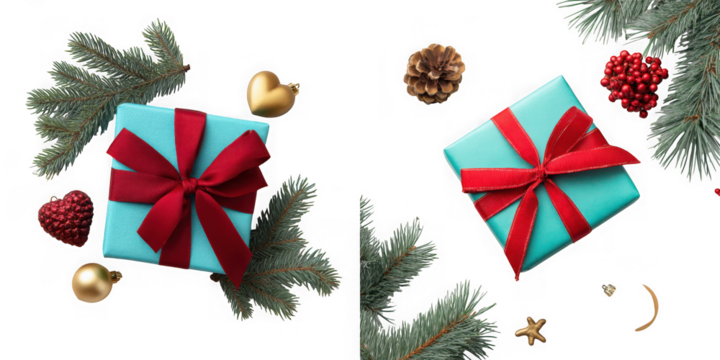 Two vibrant turquoise christmas gift boxes with red ribbons surrounded by festive decorations isolated on transparent background