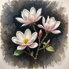 Watercolor square background with blooming white magnolia flowers and buds on artistic spring branch