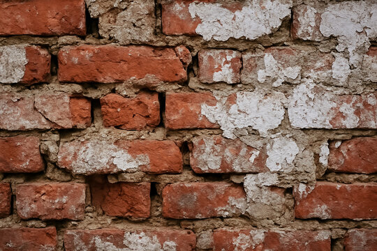 dilapidated red brick wall with weathered mortar and patches of white paint or efflorescence. in need of repair or repointing. construction and architecture grunge background. - Powered by Adobe