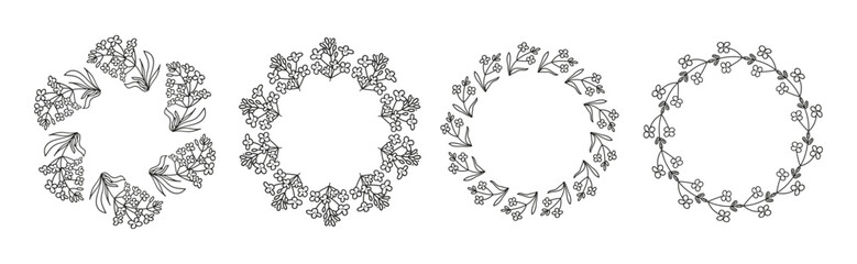 Set of cute round frames with doodle outline canola rapeseed flowers isolated on white background.