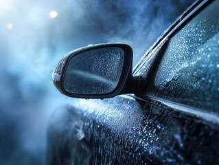 Close-up of a car side mirror covered in water droplets during a misty, rainy night, highlighting wet vehicle surface under atmospheric lighting conditions