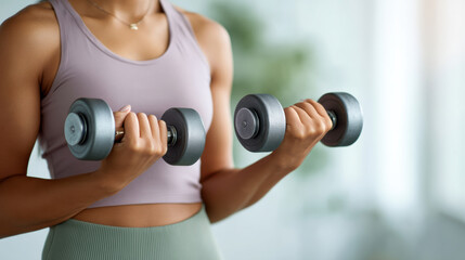 Modern lifestyle woman lifting dumbbell with toned arms and active fitness focus