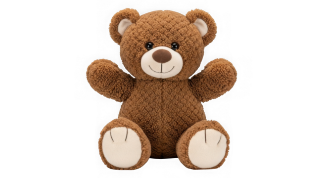 Cute brown plush teddy bear toy sitting with a friendly smile.