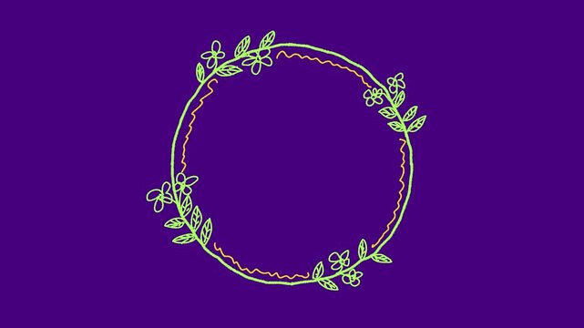 Stop motion hand drawn flower circle frame on vibrant purple background