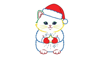 Fototapeta premium Festive Feline with a Glowing Star: A charming kitten, adorned in a Santa hat, holds a radiant star, embodying holiday cheer and magical whimsy.