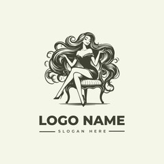 Fototapeta premium Classic Engraving Style Vector Logo Illustration of an Elegant Woman with Wavy Flowing Hair Sitting Gracefully on a Vintage Chair