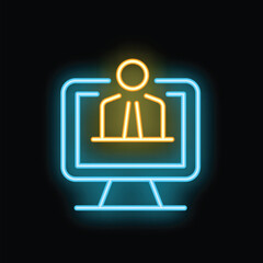Neon computer icon glowing on dark background representing online business meeting or video conference with businessman
