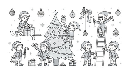 Festive Elves Decorating Christmas Tree: A whimsical black-and-white illustration depicts Santa's elves joyfully decorating a Christmas tree with ornaments and gifts.