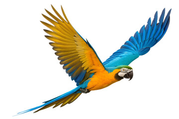 Fototapeta premium Blue and Yellow Macaw Parrot in Flight Wings Spread Transparent PNG