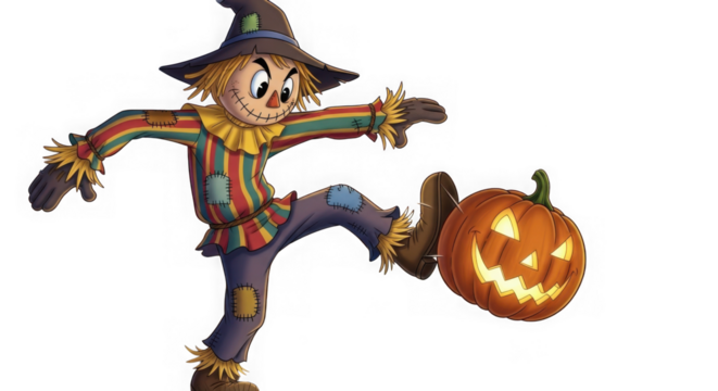 Cheerful cartoon scarecrow kicking glowing jack-o'-lantern art - Powered by Adobe