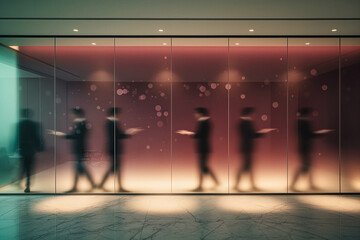 Silhouettes of business people walking in a modern office hallway with motion blur and warm ambient lighting.
