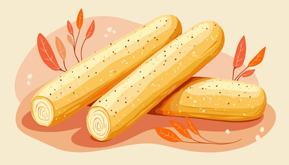 Illustration of delicious parmesan breadsticks with autumn leaves
