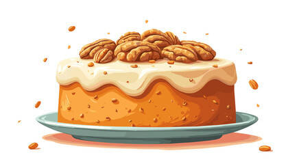 Vegan carrot cake topped with walnuts on a decorative plate