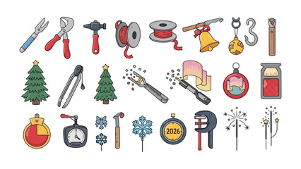 Festive Embellishments: An array of celebratory icons, including festive decorations, ornaments, ribbons, and celebratory objects, is meticulously arranged, capturing the essence of the joyous season.