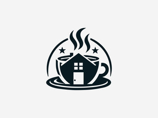 Coffee cup forming a house roof shape illustrated in clean bold black vector logo design for realty branding