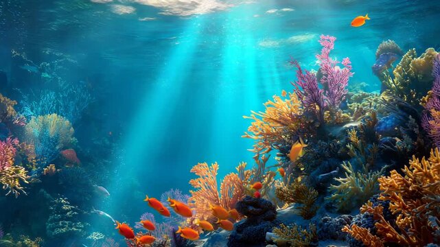 Vibrant coral reef with sunbeams colorful fish swimming underwater marine ecosystem illustration for backgrounds and wallpapers
