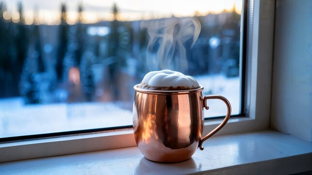 Steaming coffee mug on windowsill with snowy landscape in the background - Powered by Adobe