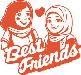 Stylized Portrait of Hijabi Best Friends with Heart and Cursive Text