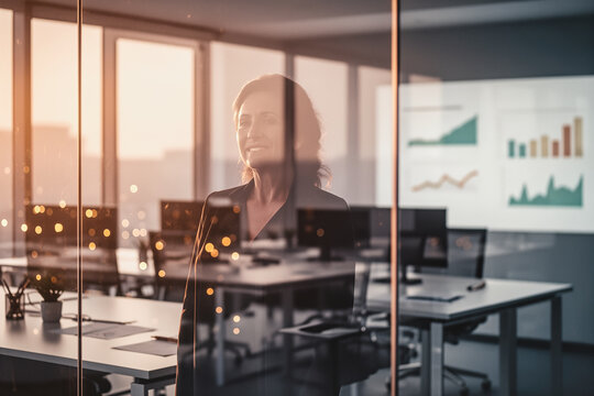 A professional woman standing in a modern office with large windows, viewed through glass reflections, with charts displayed on a screen in the background.