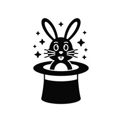 A cartoon rabbit pops out of a magician's hat surrounded by stars.