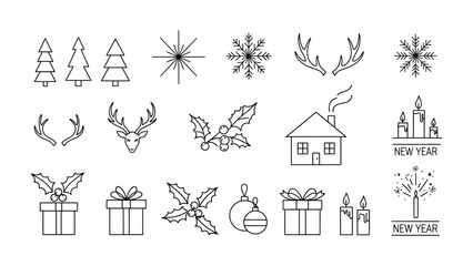 Christmas Icons: Collection of festive illustrations, meticulously crafted line art perfect for seasonal design, encompassing an array of holiday-themed icons.