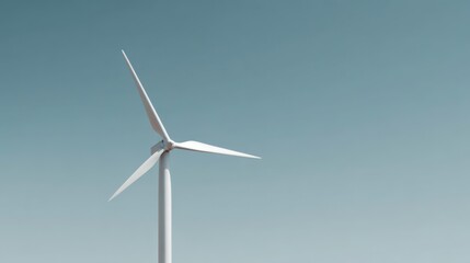 Fototapeta premium Wind Turbine in a Blue Sky: A minimalist portrayal of a wind turbine, its blades gracefully turning against a clear, pale blue sky, symbolizing clean energy.