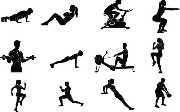Silhouette collection of people exercising performing various fitness activities