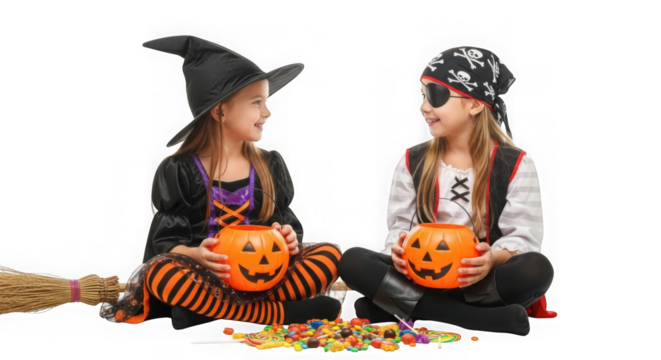 Happy girls in witch and pirate costumes share halloween candy