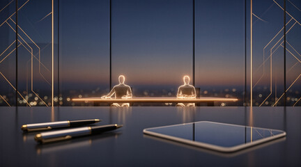 A futuristic office meeting scene with two glowing holographic figures seated at a long table, viewed through a sleek glass window overlooking a city skyline at dusk, with pens and a tablet in the f