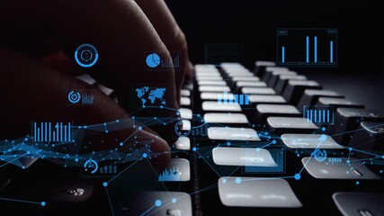 This image captures hands typing on a keyboard with digital graphs floating above, representing modern technology and data analysis in a business environment. Xenic - Powered by Adobe