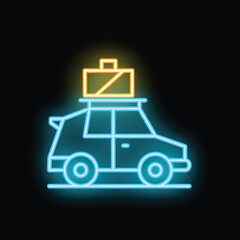 Glowing neon sign depicting a car with a suitcase on its roof, symbolizing road trips, adventures, and the excitement of travel