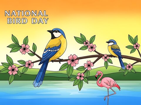 National bird day illustration with colorful birds on a blooming tree branch - Powered by Adobe