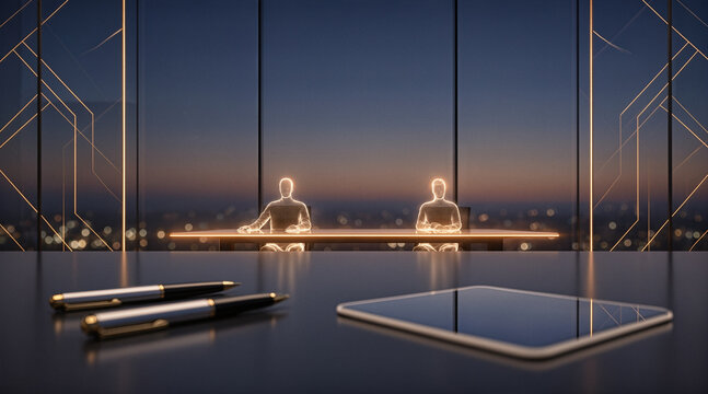 A futuristic office meeting scene with two glowing holographic figures seated at a long table, viewed through a sleek glass window overlooking a city skyline at dusk, with pens and a tablet in the f - Powered by Adobe