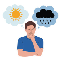 Man contemplating between a sunny day and a stormy day