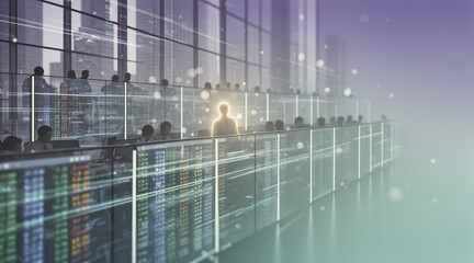 A futuristic stock trading floor with silhouetted traders and glowing digital displays, featuring a luminous central figure against a cityscape backdrop.