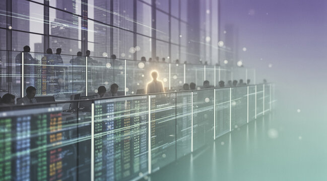 A futuristic stock trading floor with silhouetted traders and glowing digital displays, featuring a luminous central figure against a cityscape backdrop.