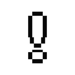 An exclamation mark rendered in pixelated black and white pixels on a white background.
