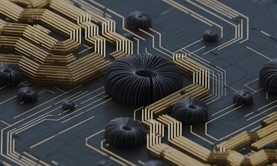 Modern technology motherboard design showcasing gold circuits and dark gray futuristic elements for innovative designs and high tech backgrounds