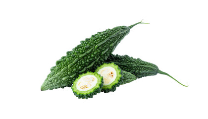 Green bitter melon with bumpy texture and sliced cross sections exposing seeds, isolated on a white background cutout