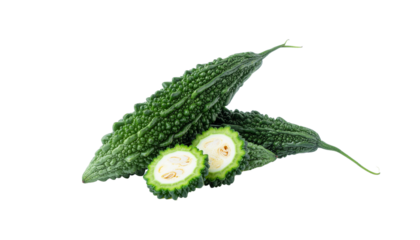 Green bitter melon with bumpy texture and sliced cross sections exposing seeds, isolated on a white background cutout