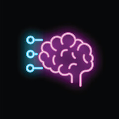 Neon brain is receiving data through connections, symbolizing artificial intelligence