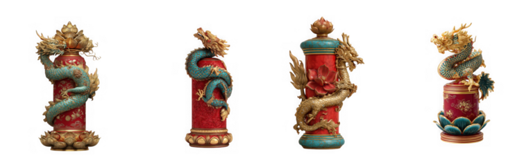 Four ornate antique chinese dragon temple pillars with intricate carvings isolated on transparent background
