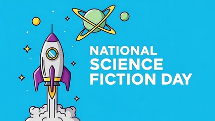 National science fiction day rocket and alien on blue background